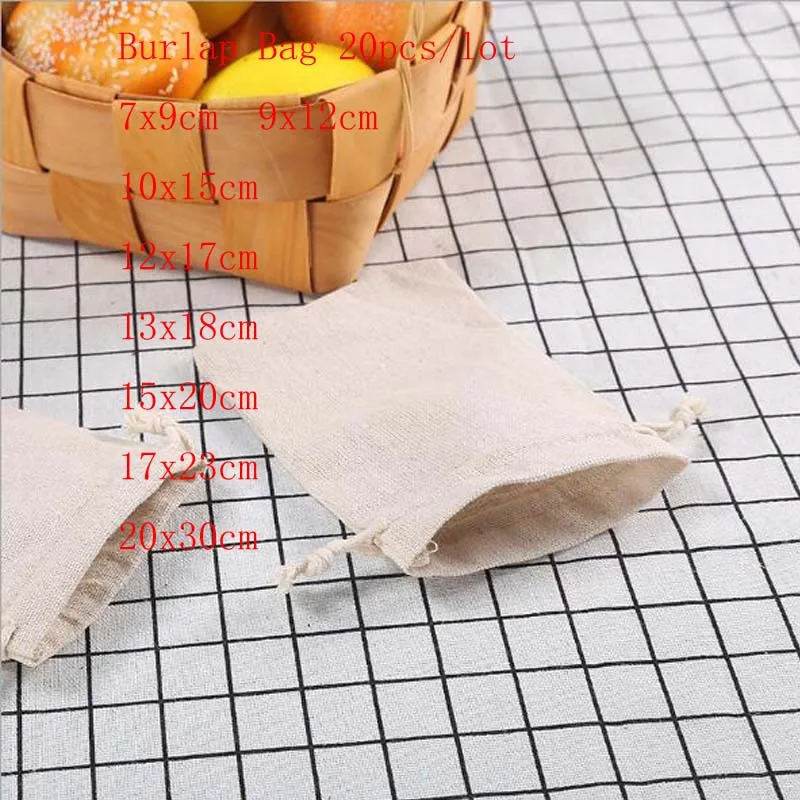 20 шт./лот однотонная Мешковина на шнурке 7x9 9x12 13x18 15x20 см джутовые подарочные