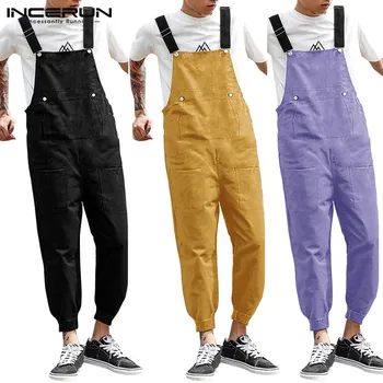 

INCERUN 2020 Men Bib Pants Streetwear Joggers Pockets Baggy Fashion Suspenders Jumpsuit Solid Workout Casual Mens Overalls S-5XL