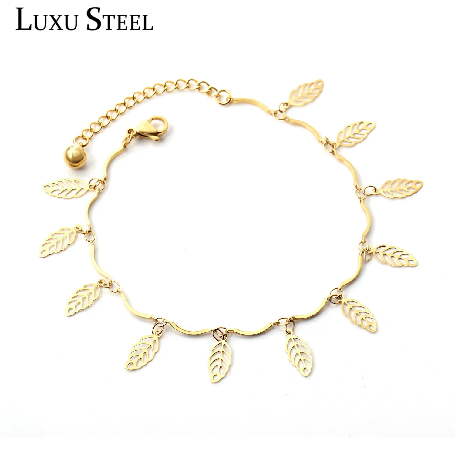 LUXUSTEEL Ankle Bracelet For Women Stainless Steel Leave Link Chains Anklets Adjustable Jewelry Summer Beach Party Gift Collier LUXUSTEEL Ankle Bracelet For Women Stainless Steel Leave Link Chains Anklets Adjustable Jewelry Summer Beach Party Gift Collier