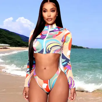 

2020 HOT Sexy Women Summer Zipper Bikini Set Mujer Floral Printed Swimsuit Push Up High Waist Bikini Biquinis Brazilian Swimwear