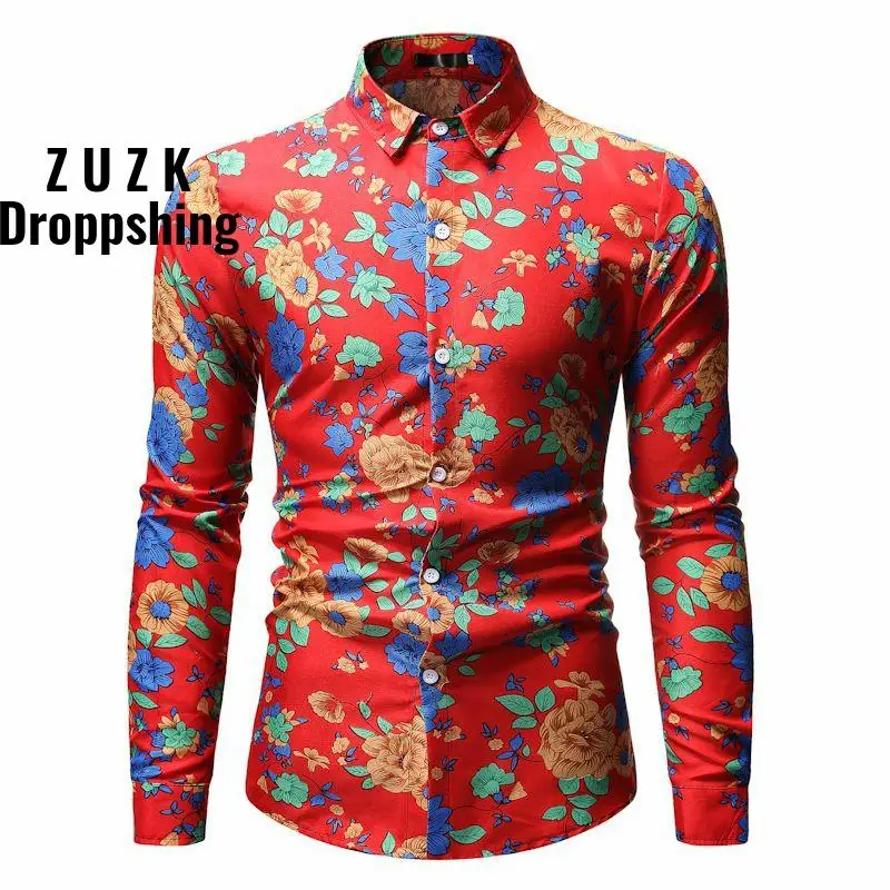 ZUZK New Men Shirt Fashion Red Print Men Flower Shirt Long Sleeve Casual Camisa Masculina
