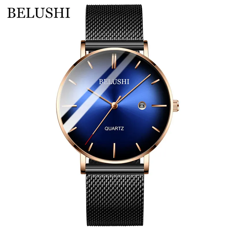 Rose Gold Men Wrist Watch Black Quartz Watches Luxury Blue Stainless Steel Waterproof Business Men's Reloj Hombre 2021 | Наручные