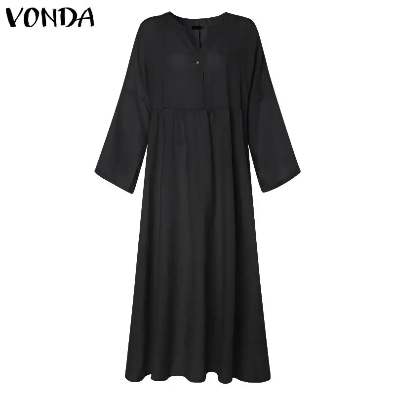 Black VONDA, платье-рубашка, женский сарафан, летний, длинный рукав, v-образный вырез, длинное, макси, Vestidos, Женская Повседневная Туника на пуговицах, халат размера плюс - Цвет: Black