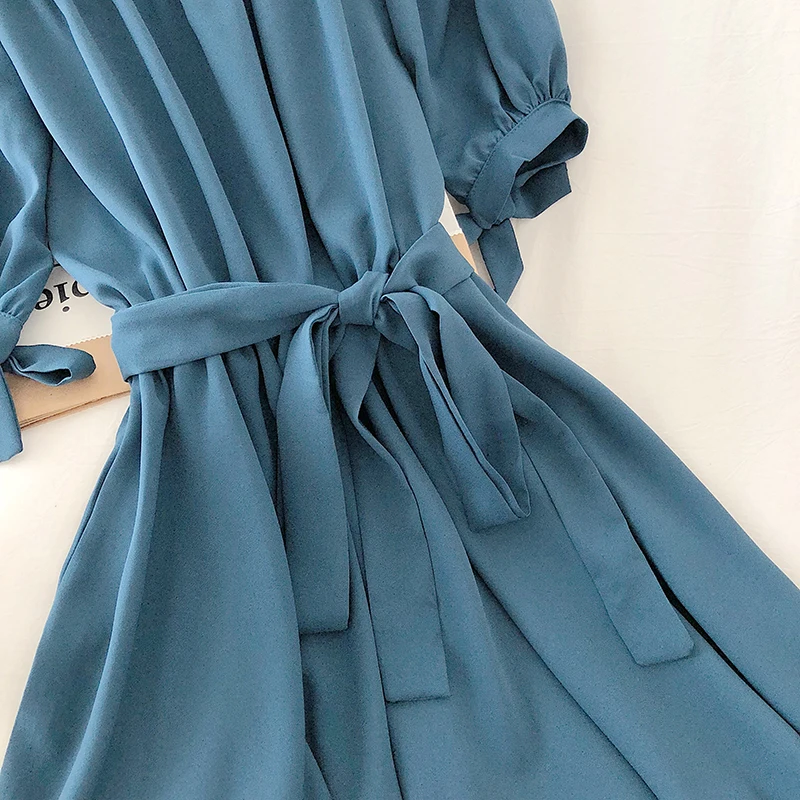 OCEANLOVE Off Shoulder Chiffon Dress  Women Solid Bow Ruffles Chic 2020 Vestidos Short Sleeve Summer Dresses Fashion 15549