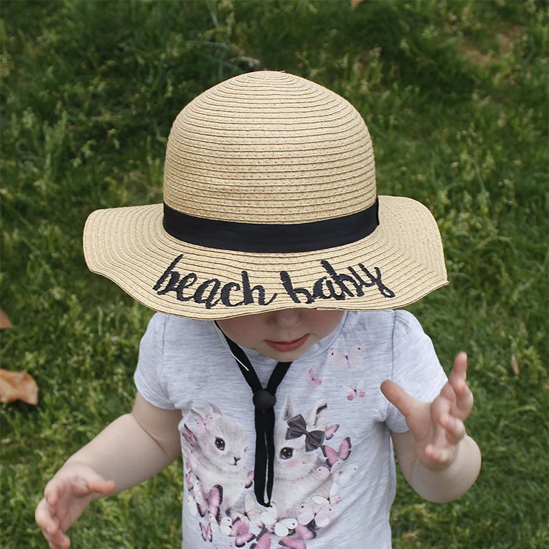 

Summer Children Letter Embroidery Simple Elegant Straw Hat Baby Girls Beach Hats Kids Sun Hat For 3-12 Years Old Girl