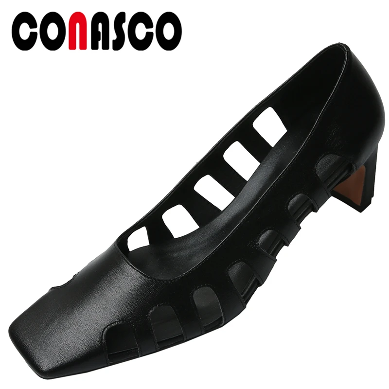 

CONASCO Fashion Women Cow Leather Pumps Casual Wedding Shoes Side Fretwork Square Toe Thick Heel Shallow Spring New Shoes Woman