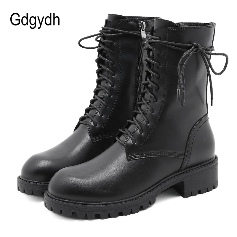

Gdgydh Spring Fall Chunky Motorcycle Boots For Women Black Lace Up Ankle Boots Block Heel Fashion Shoes Party Street Drop Ship