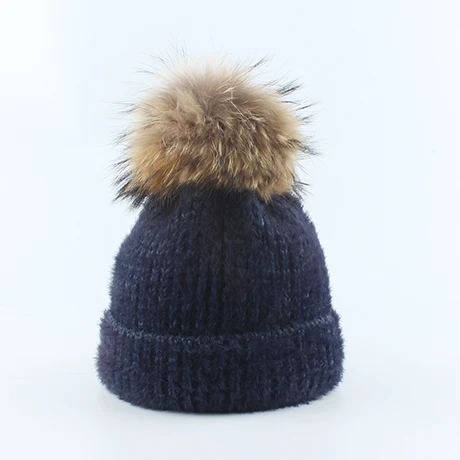 Зимние шапки для женщин норковая меховая шапка Skullies Beanies дамы настоящий помпон из меха енота вязанная теплая шапка шерстяная круглая шапочка - Цвет: Тёмно-синий
