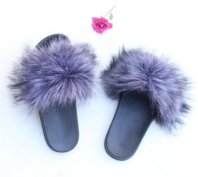 foxgrey COVOYYAR; коллекция года; модные меховые женские тапочки; шлепанцы без задника с искусственным лисьим мехом; зимняя женская обувь на меху; женская обувь на плоской подошве; WSL137 - Цвет: foxgrey