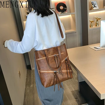 

MENGXILU Vintage PU Ladies Hand Bags Multi Zipper Pocket Leather Crossbody Shoulder Bag Large Capacity Messenger Bags For Women