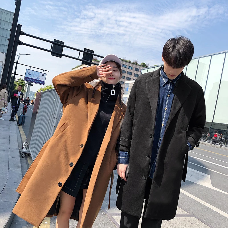Autumn New Korean Version Of The Couple Long Section Long-sleeved Solid Color Lapel To Send Belt Men's Casual Woolen Coat