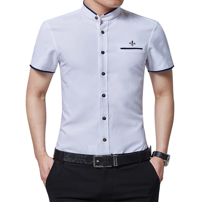 Dudalina стоячий воротник Blusa Camisa Social Masculina короткий рукав Оксфорд Поддельные карманы Slim Fit рубашка мужская одежда пуловер Мужской - Цвет: DCZ2301-WHITE