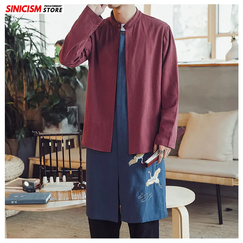 Sinicism Store, мужской комплект из двух предметов с вышивкой, Тренч, мужские длинные Лоскутные пальто в китайском стиле, мужские осенние, винтажные свободные тренчи