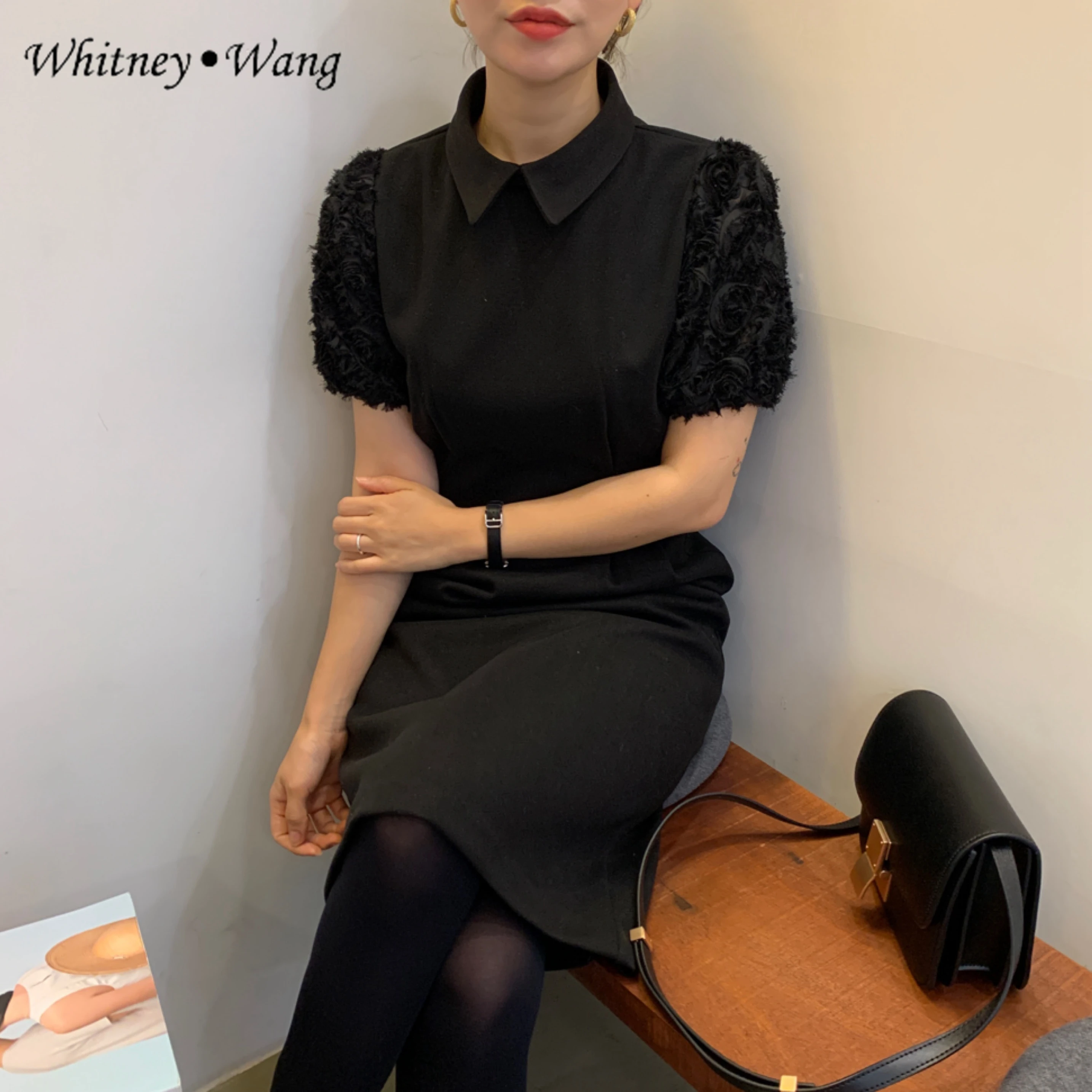 WHITNEY WANG весеннее Модное Элегантное 3D Цветочное платье миди с пышными рукавами женское офисное платье