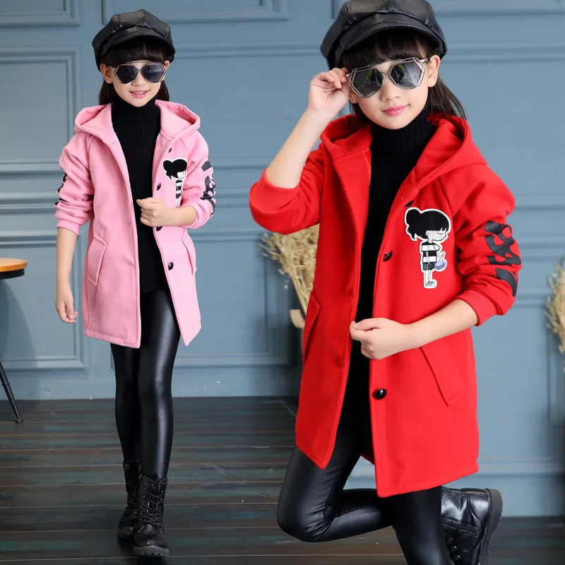 

Autumn And Winter New Style Girls Korean-style Fashion Cartoon Thick Woolen Jacket Mid-length Hooded Tops a Generation of Fat