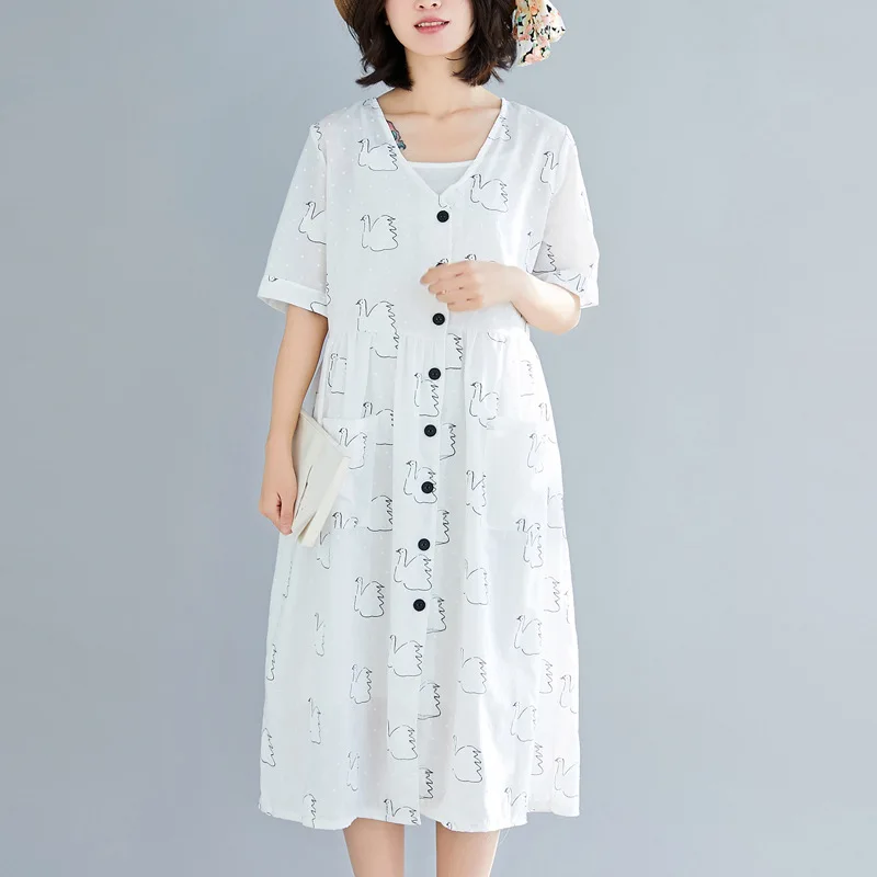

2019 Summer Wear New Style Loose-Fit Literature And Art Large Size Dress Printed Swan V-neck Mid-length Short-sleeve Dress Women