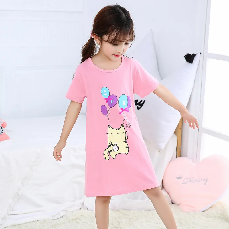 Kids Girls 100% Cotton Nightgown Cartoon Nightdress Girl Sleepwear Loose Pajamas Summer Short Sleeves Nightwear Children Clothes cotton short pajama sets