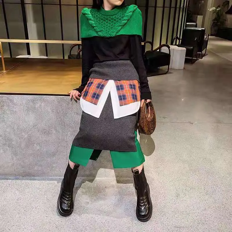 

2019FW winner new women patchwork wool knitted skirt female casual midi skirt 2 color ddxgz2