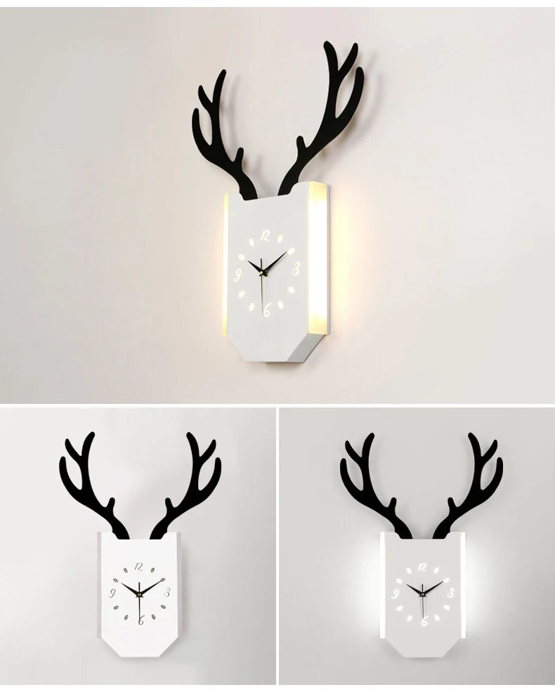 Nordic Led Wall Light Antlers Clock Sconce Lamp Modern Creative Deer Wood Lamps Living Room Bedroom Bedside Hanging Clock Decor