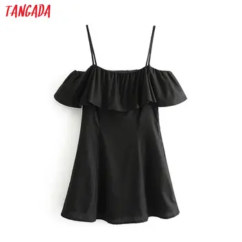 

Tangada women ruffles off shoulder summer dress sleeveless backless females black mini dresses vestidos 3H490