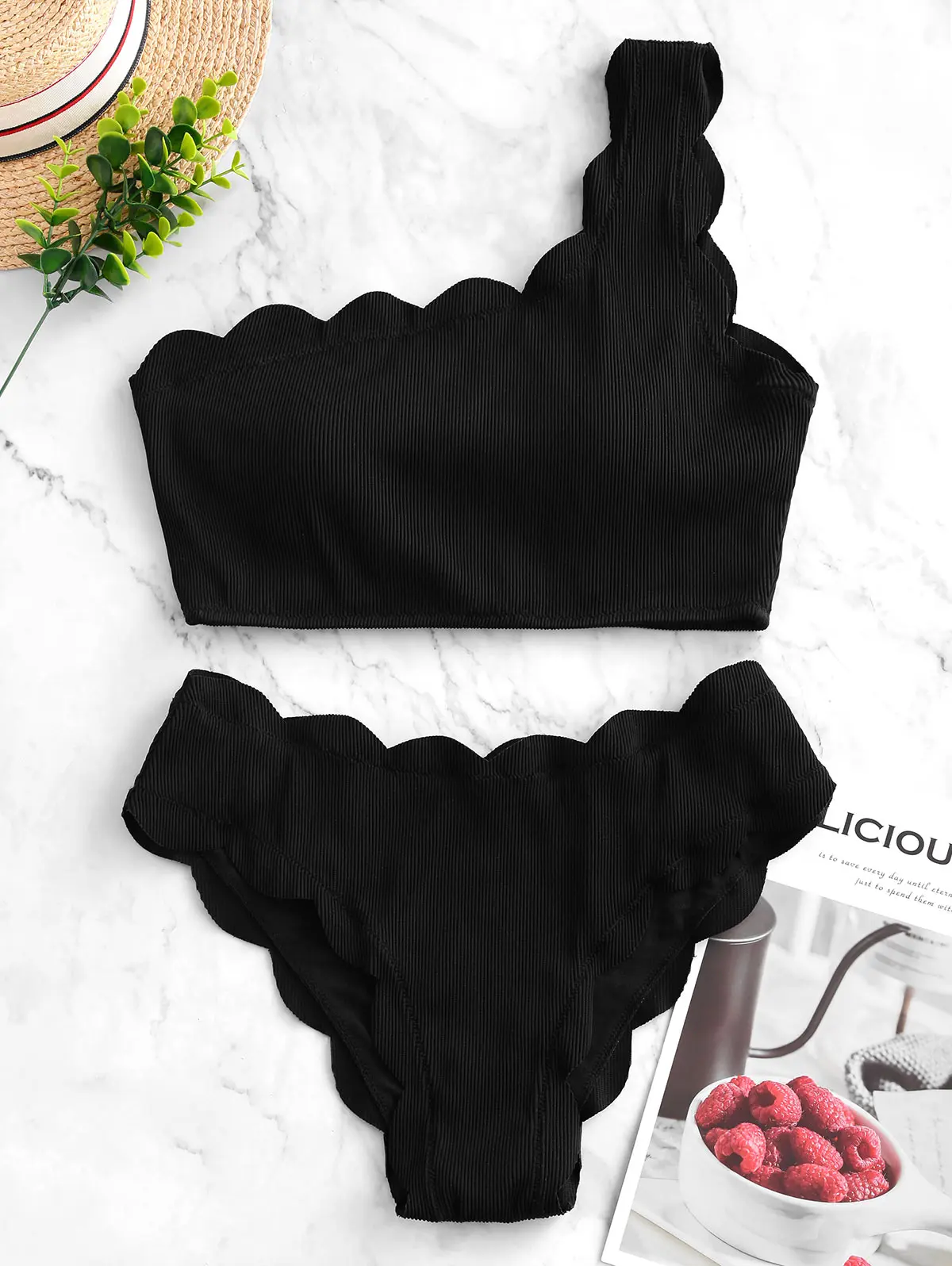 ZAFUL Women Textured Ribbed Scalloped One Shoulder Tankini Swimsuit Solid Color Elegant Swimwear Two Piece Bathing Suits 2020 ZAFUL Women Textured Ribbed Scalloped One Shoulder Tankini Swimsuit Solid Color Elegant Swimwear Two Piece Bathing Suits 2020