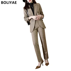 Boliyae nova primavera outono azul profissional calças ternos de negócios do escritório formal blazers elegante jaqueta ternos para mulher