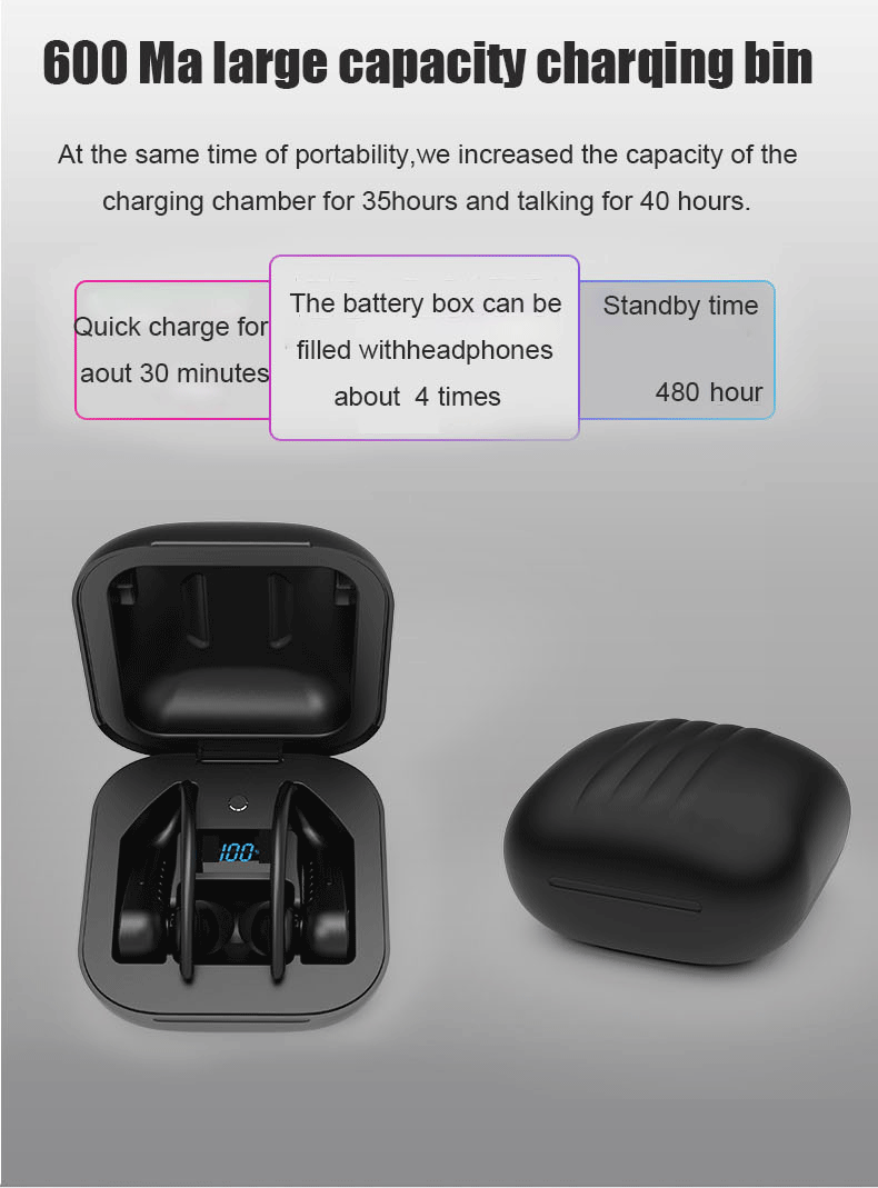 Tkey Bluetooth 5,0 наушники спортивные стерео водонепроницаемые настоящие беспроводные Bluetooth наушники светодиодный дисплей ушные крючки TWS 8D гарнитуры