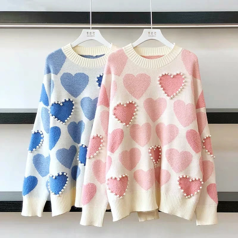 

Banulin 2020 Autumn Winter Beaded Heart Shape Knit Pullovers Long Sleeve Sweater Women's O-Neck Loose Knitted Tops Jumper