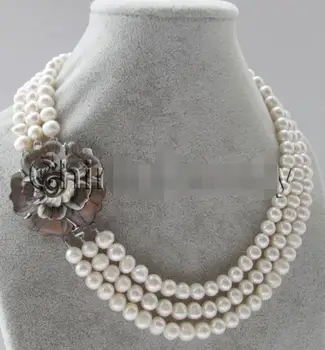

P7115 - 3row 17-19" 8-9mm natural white round freshwater pearl necklace - shell