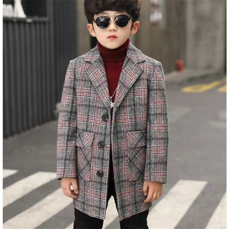 Boy Wool Coat for Autumn & Winter Children's Jacket Fashion Turn Collar Plaid Keep Warm Outerwear Teenage Clothes
