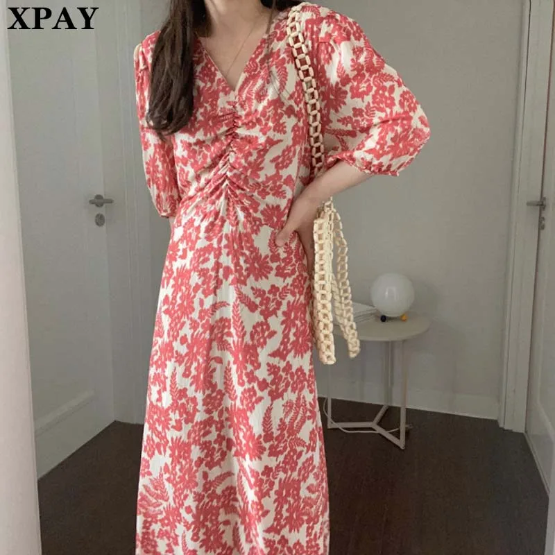 

Summer Women Dress Elegant Puff Sleeve Casual Loose Floral Long Dress Korean 2020 Sexy Waist Slim Temperament Dress Vestidos