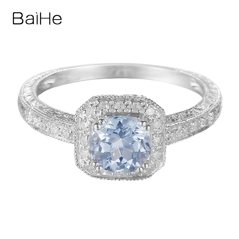 

BAIHE Real Solid 14K White Gold Blue Topaz rings for women Men Party Trendy Wedding Engagement Fine Jewelry Making anillos mujer