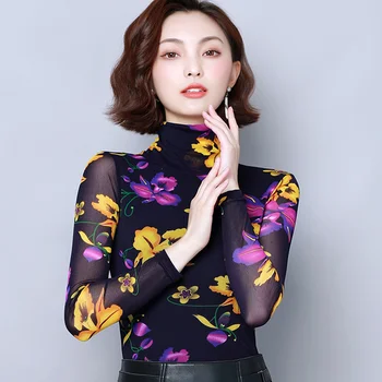 

2019 Autumn Winter New Style Fashion Elastic Xxxl Printed Women Elegant Comfortable Show Thin Female Bottom Shirts Turtleneck