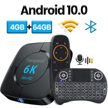 Transpeed Android 10,0 телевизионная коробка с Bluetooth Google голосовой помощник 6K 3D Wifi 2,4G и 5,8G 4 Гб ОЗУ 64 Гб Play Store очень быстрая коробка