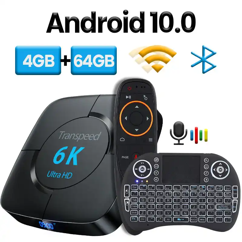 transpeed Android 10.0 Bluetooth TV Box Voice Assistant 6K 3D Wifi 2.4G&5.8G 4GB RAM 64G Media player Very Fast Box Top Box transpeed Android 10.0 Bluetooth TV Box Voice Assistant 6K 3D Wifi 2.4G&5.8G 4GB RAM 64G Media player Very Fast Box Top Box