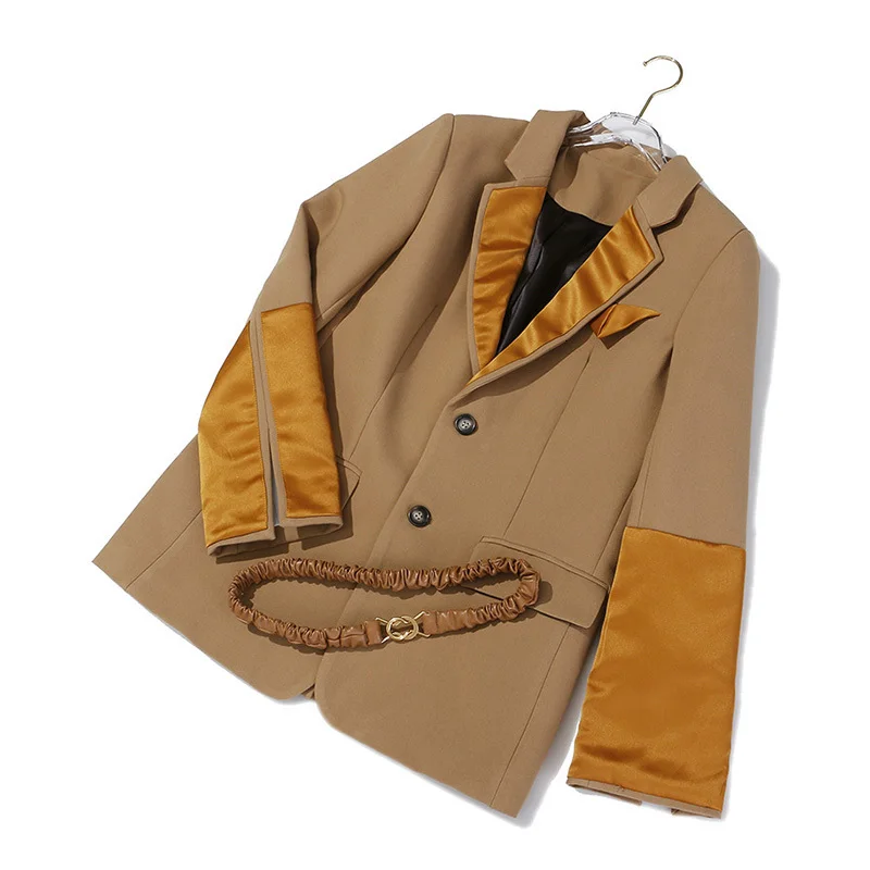 Hit Color Patchwork Blazers Female Notched Collar Long Sleeve Tunic With Sashes Autumn Suits For Women Fashion Tide