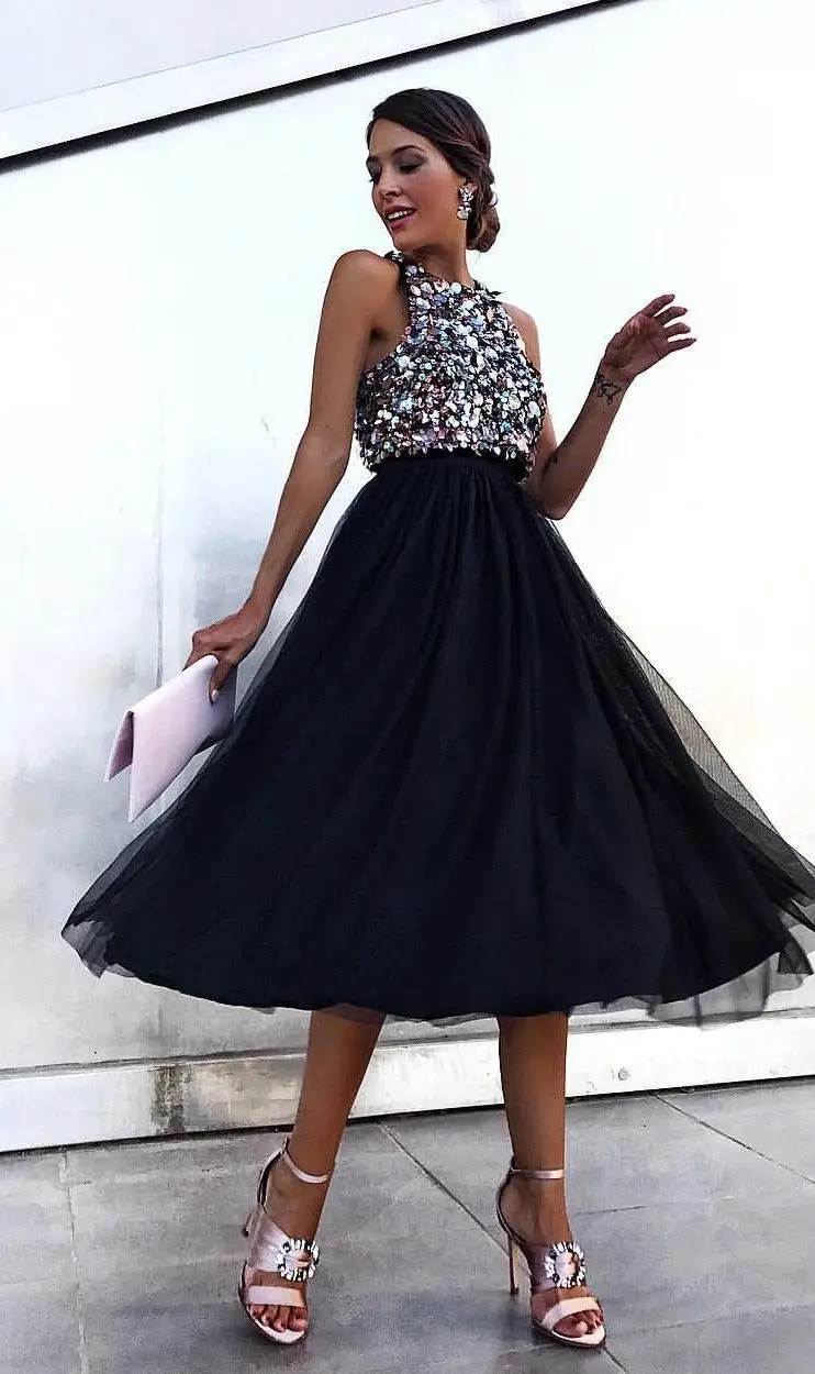 Горячая Мода до колена черный Bling коктейльные платья для женщин леди год торжественное платье ESAN317