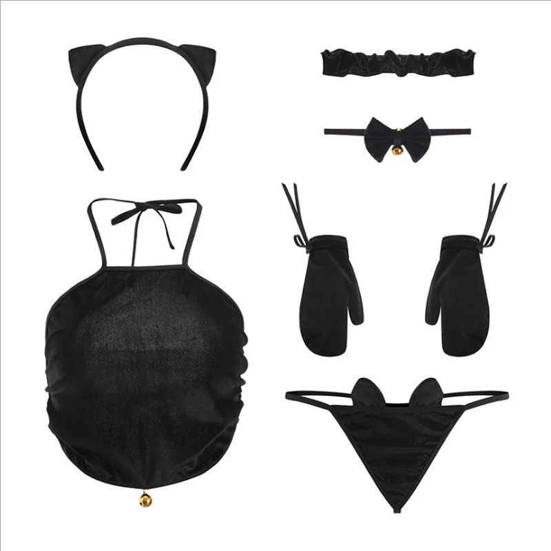 Black Сексуальное нижнее белье, милый кот, осень, выпуск, Babydoll, женское бикини для косплея, для взрослых, эротическое, милое, бандаж, Bellyband, горячий костюм - Цвет: Black