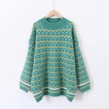 

H.SA 2019 Winter New Oversize Striped Sweater and Jumpers Thick Warm Green Sweaters Geomertric pull femme nouveaute 2019