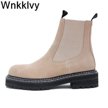 

Thick Sole Chelsea Boot Woman Round Toe real Suede Leather Shoes Casual Flat Motorcycle short Boots Ankle Botas female 2020
