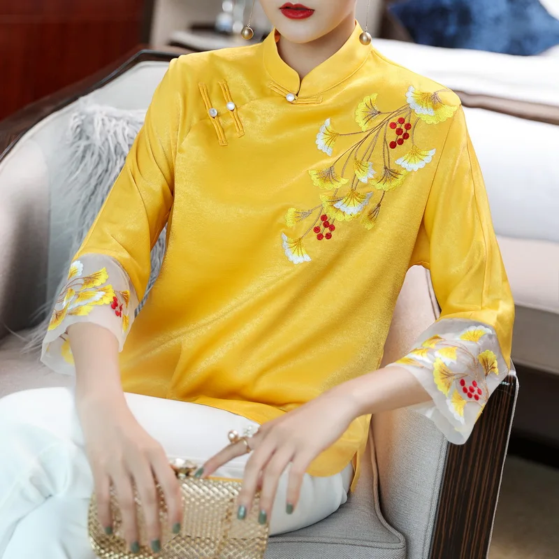 

Chinese Style Spring Summer Vintage Womens Yellow Emblridery Cheongsam Top Blouse , Woman Chipao Blouses and Tops Shirts