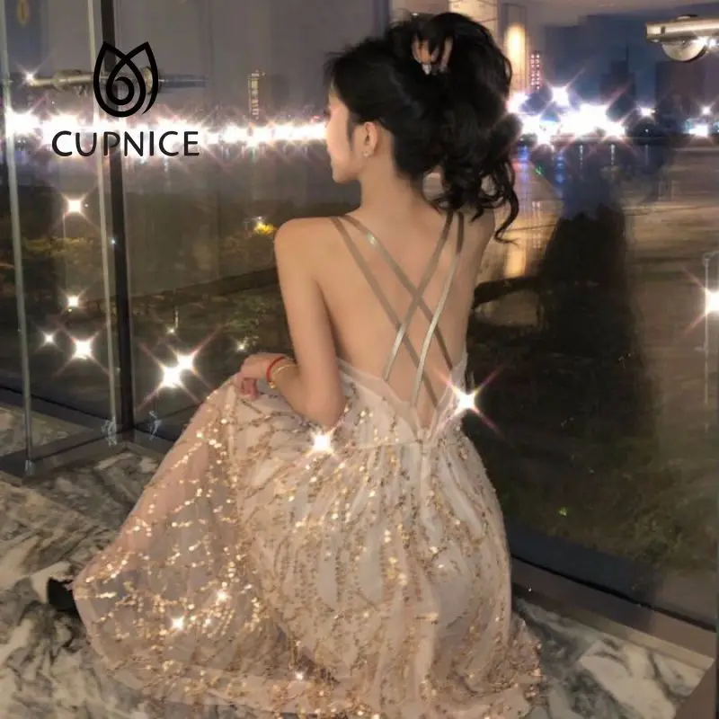 Новинка летнее облегающее длинное женское платье CUPNICE с блестками открытой