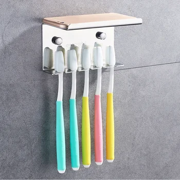 

Bathroom 304 Stainless Steel Toothbrush Holder Wall Mounted Stand Rack Toothpaste Rack for Home Bathroom (Punch - Five-position