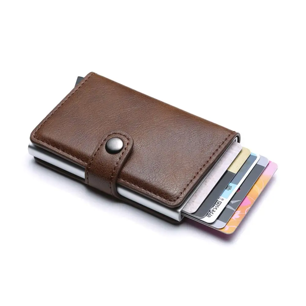 

Genuine Leather Men Aluminum Wallet Back Pocket ID Card holder RFID Blocking Mini Magic Wallet Automatic Credit Card Coin Purse