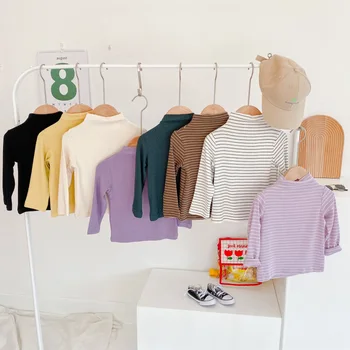 

Autumn Kids Half High Collar Bottoming Shirt Elastic Tops 1-6 Years Boys Girls Striped Tees Long Sleeve Cotton Pullover