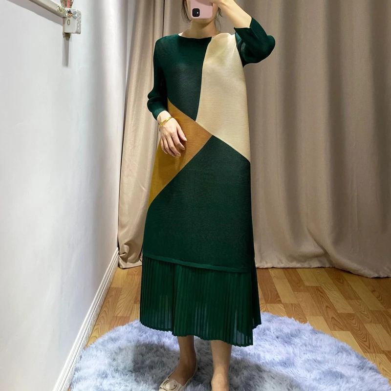 Miyake плиссированное платье с цветными блоками, весна, новинка, свободные, большие размеры, тонкие женские платья средней длины, а-силуэт - Цвет: Зеленый