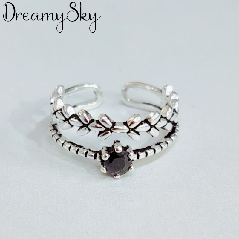 Женские открытые кольца DreamySky серебряные лист с черным цирконием вечерние для