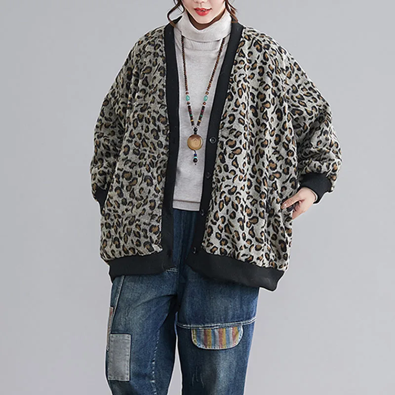 Зимнее женское Шерстяное Пальто размера плюс, свободное теплое шерстяное пальто из кроличьей шерсти с большим меховым воротником, толстое шерстяное пальто - Цвет: Leopard jacket