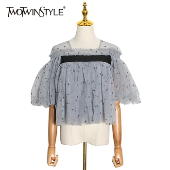 

TWOTWINSTYLE Elegant Patchwork Mesh Shirt For Woman Square Collar Puff Sleeve Print Hit Color Large Size Loose Blouse Female New