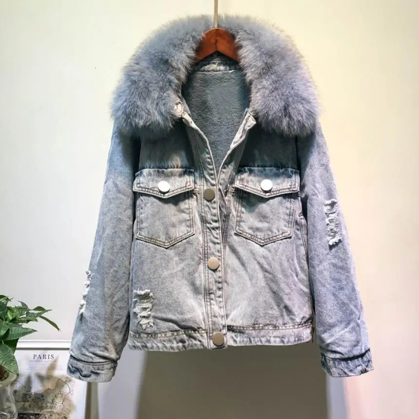blue with blue fur Толстые теплые джинсовые парки из натурального Лисьего меха; женская зимняя мода с отделкой из бисера; подкладка из натурального меха норки; съемное теплое пальто с меховой подкладкой; F477 - Цвет: blue with blue fur